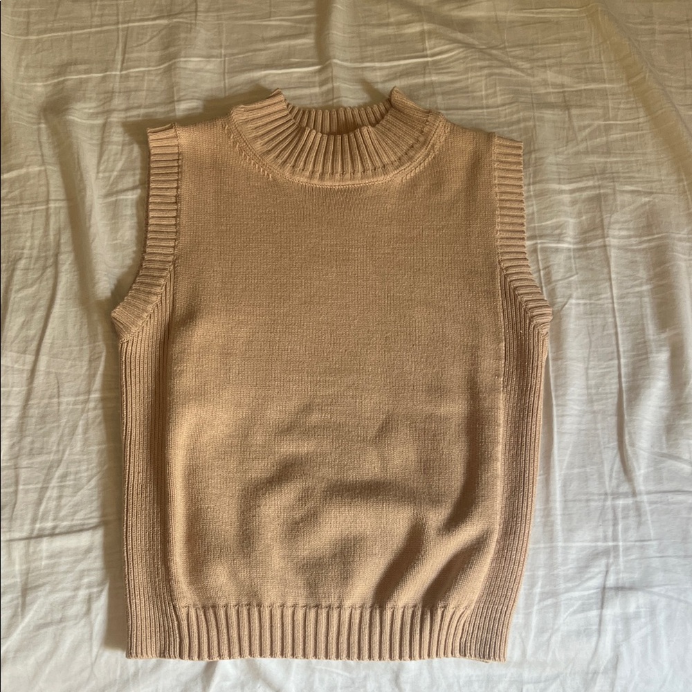 Sleeveless Ribbed Knit Sweater in Beige